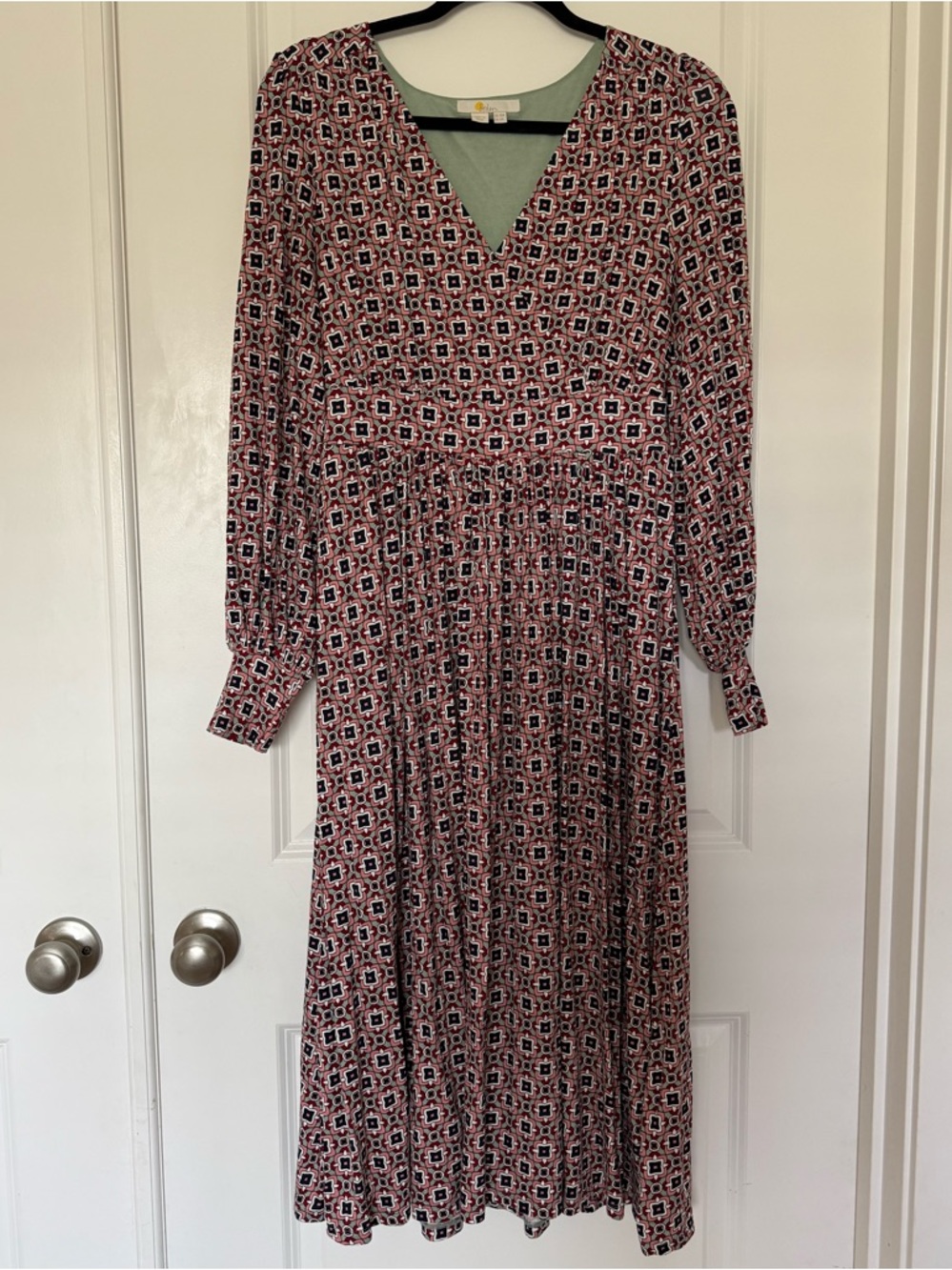 Boden Pink Geometric Print V‑Neck Midi Dress